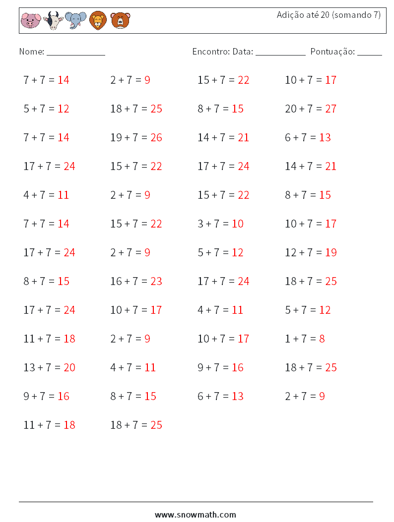 (50) Adição até 20 (somando 7) planilhas matemáticas 1 Pergunta, Resposta