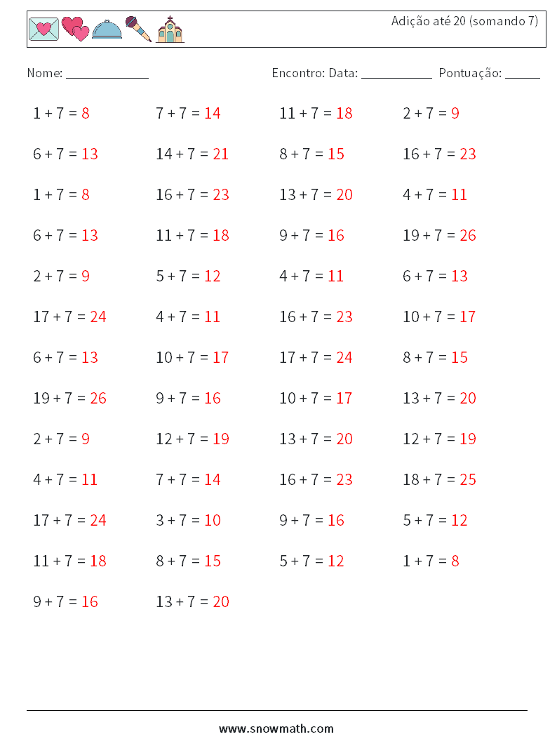 (50) Adição até 20 (somando 7) planilhas matemáticas 2 Pergunta, Resposta