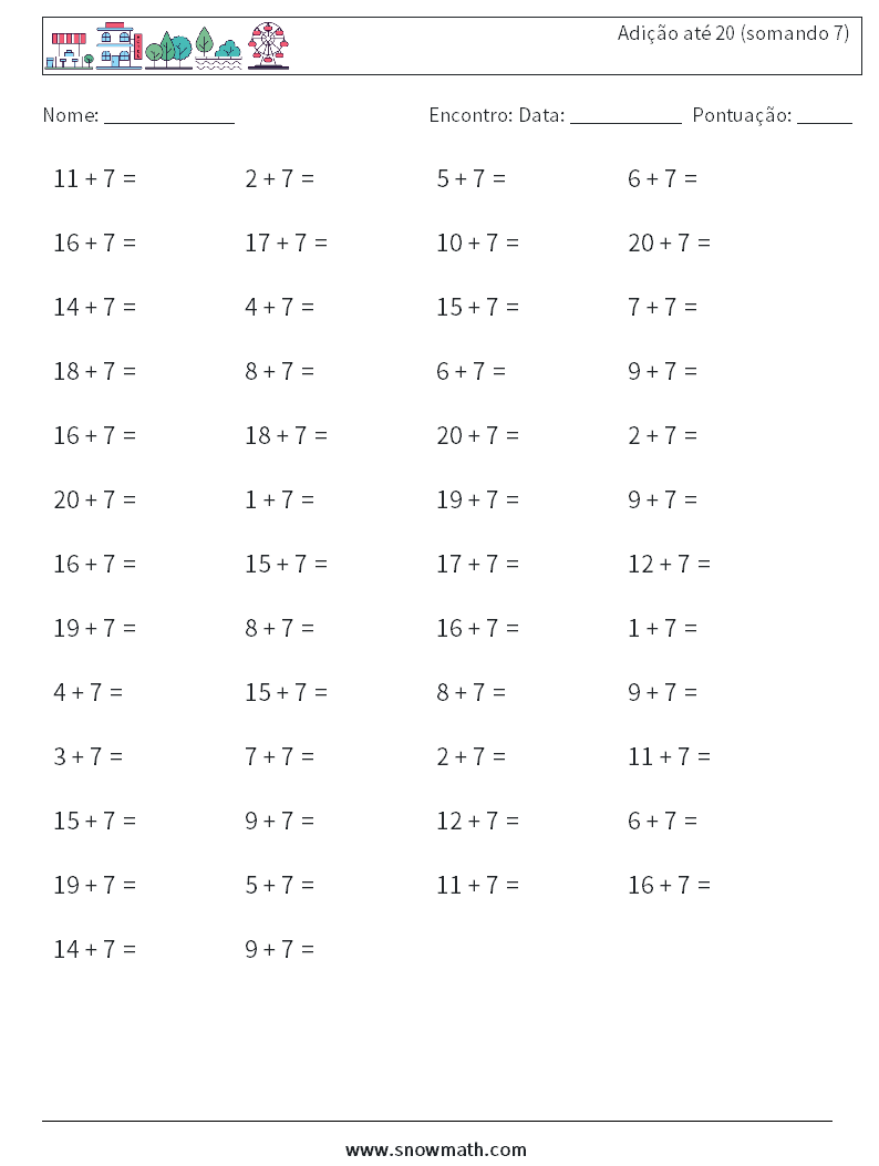 (50) Adição até 20 (somando 7) planilhas matemáticas 3