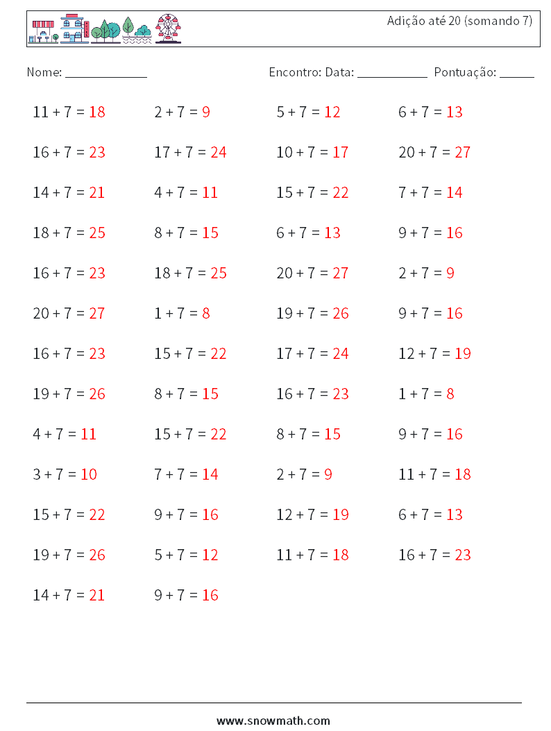 (50) Adição até 20 (somando 7) planilhas matemáticas 3 Pergunta, Resposta
