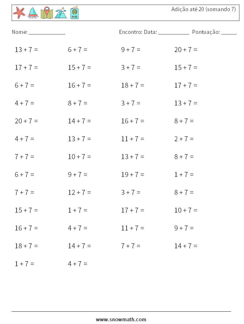 (50) Adição até 20 (somando 7) planilhas matemáticas 4