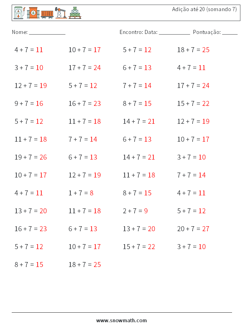 (50) Adição até 20 (somando 7) planilhas matemáticas 5 Pergunta, Resposta