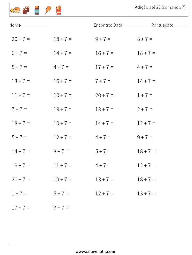 (50) Adição até 20 (somando 7) planilhas matemáticas 6