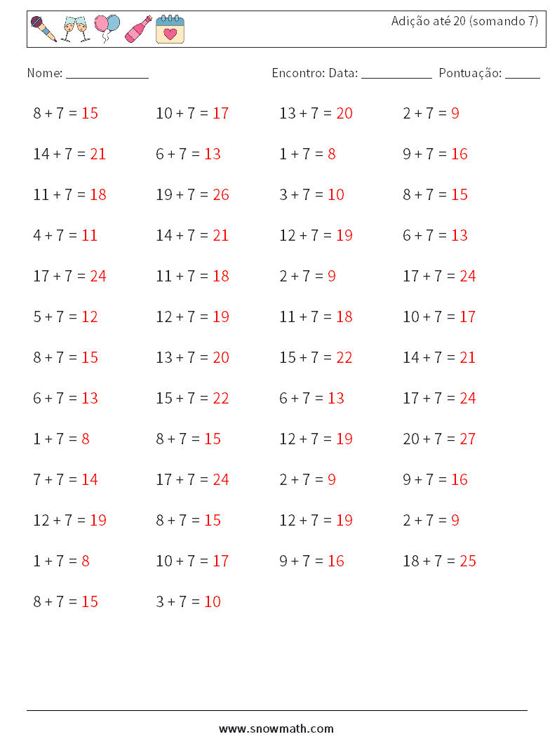 (50) Adição até 20 (somando 7) planilhas matemáticas 9 Pergunta, Resposta