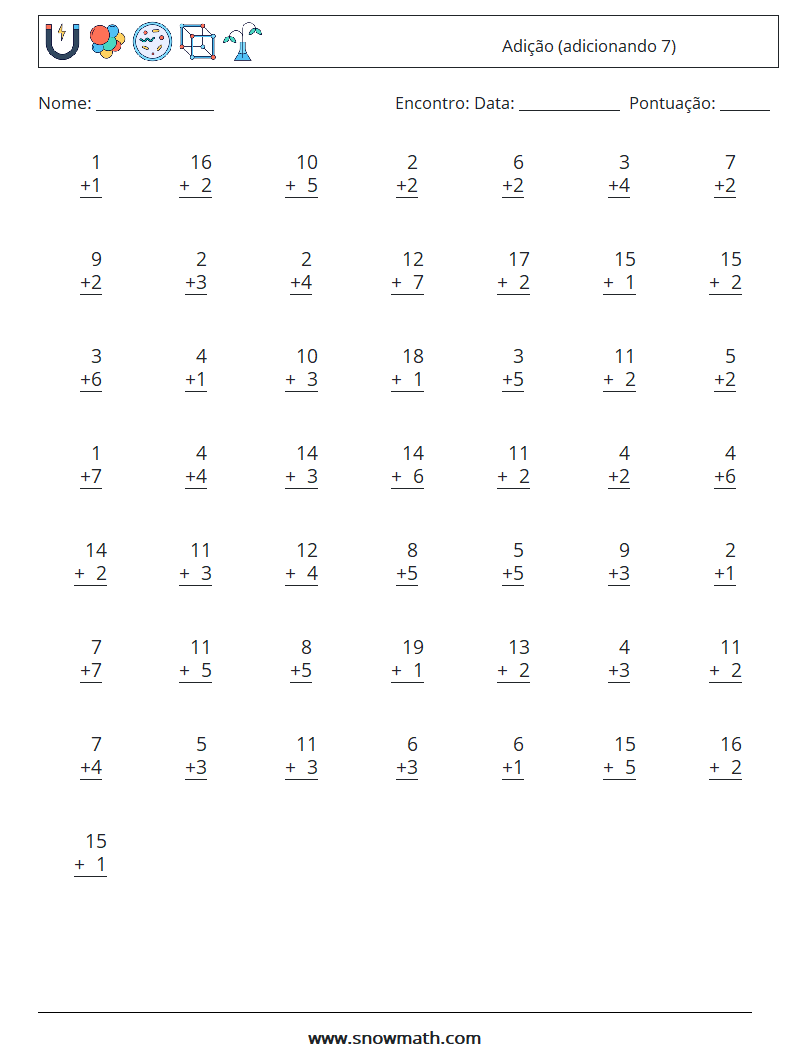 (50) Adição (adicionando 7) planilhas matemáticas 12