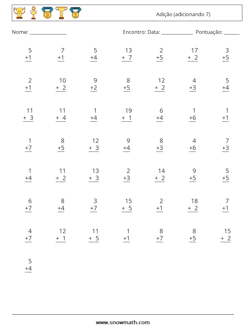 (50) Adição (adicionando 7) planilhas matemáticas 13