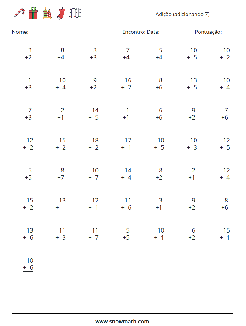 (50) Adição (adicionando 7) planilhas matemáticas 16