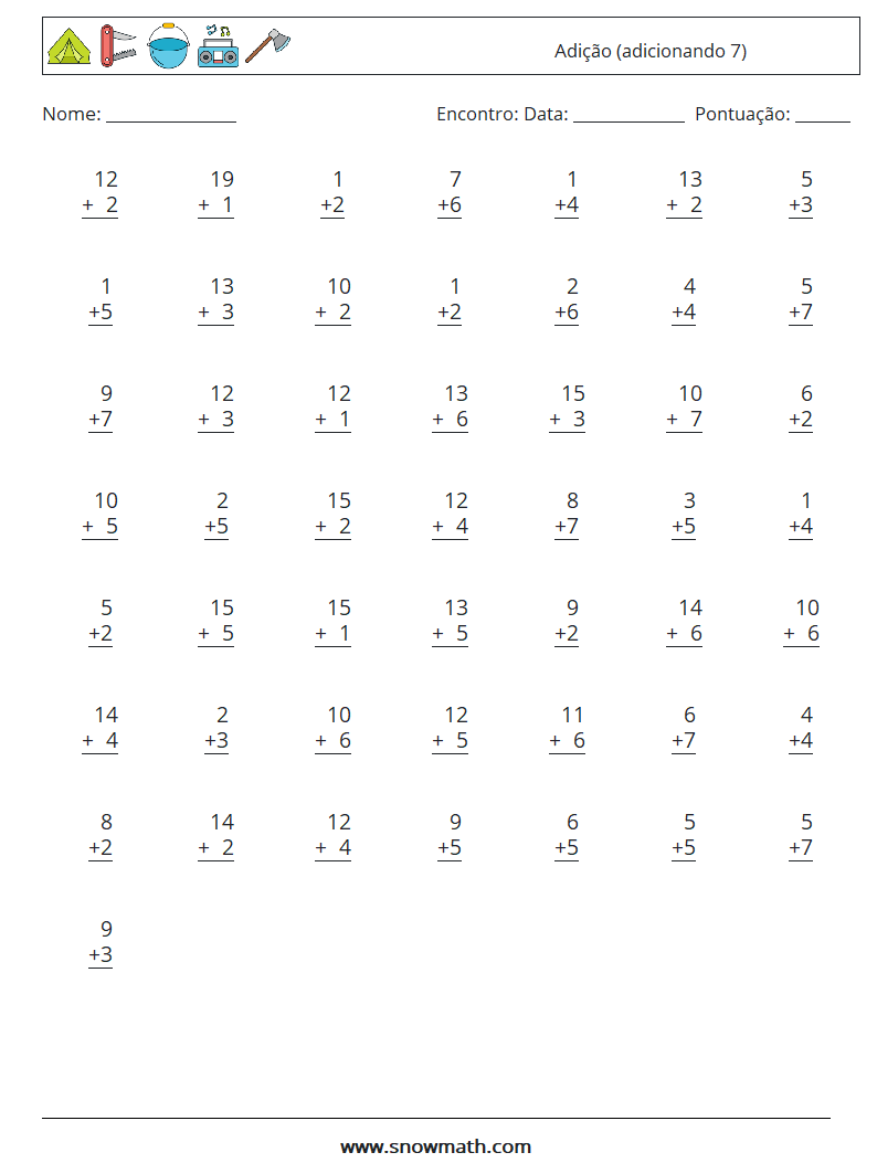 (50) Adição (adicionando 7) planilhas matemáticas 17