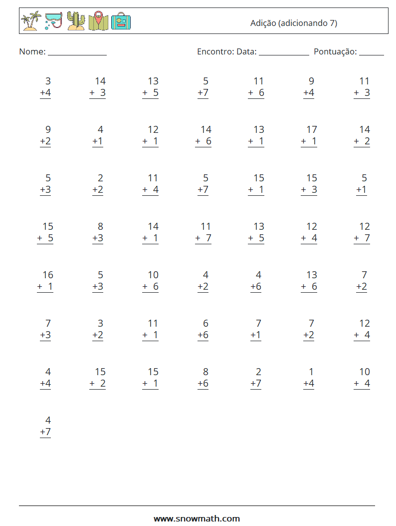 (50) Adição (adicionando 7) planilhas matemáticas 18