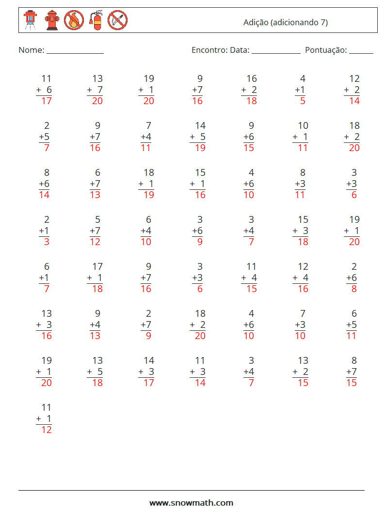 (50) Adição (adicionando 7) planilhas matemáticas 1 Pergunta, Resposta