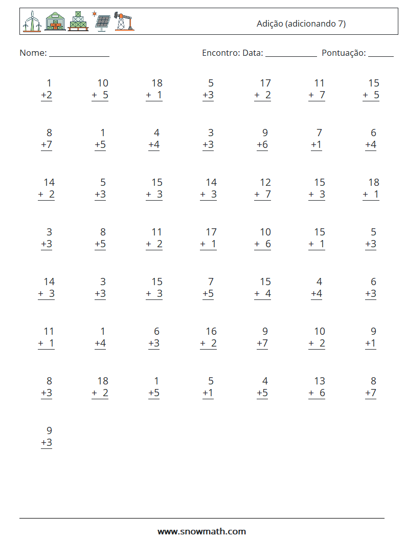 (50) Adição (adicionando 7) planilhas matemáticas 2