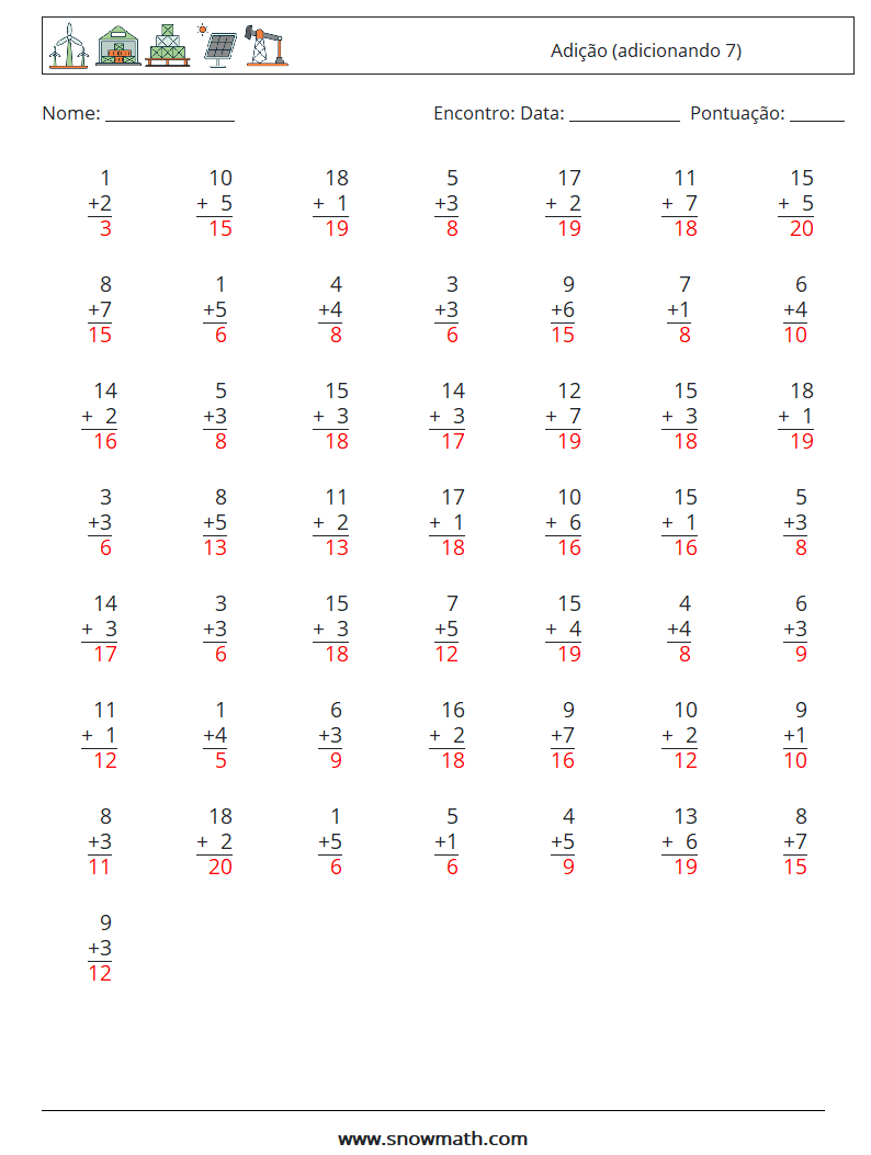 (50) Adição (adicionando 7) planilhas matemáticas 2 Pergunta, Resposta