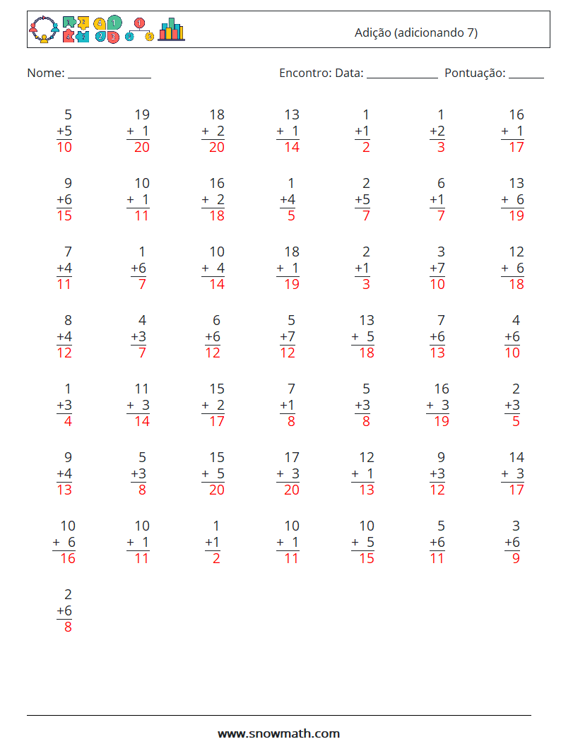 (50) Adição (adicionando 7) planilhas matemáticas 3 Pergunta, Resposta