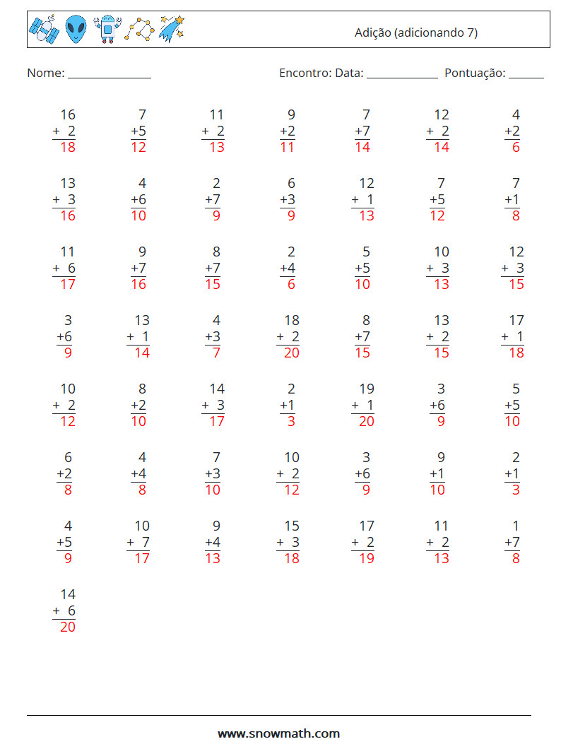 (50) Adição (adicionando 7) planilhas matemáticas 4 Pergunta, Resposta