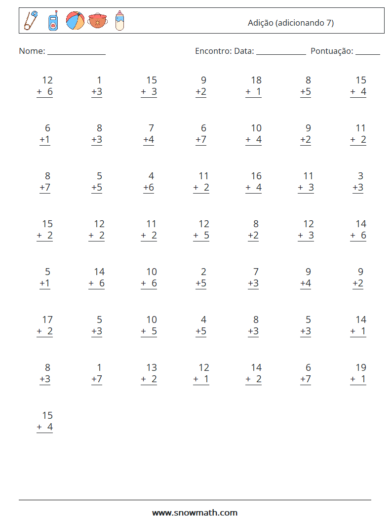 (50) Adição (adicionando 7) planilhas matemáticas 5