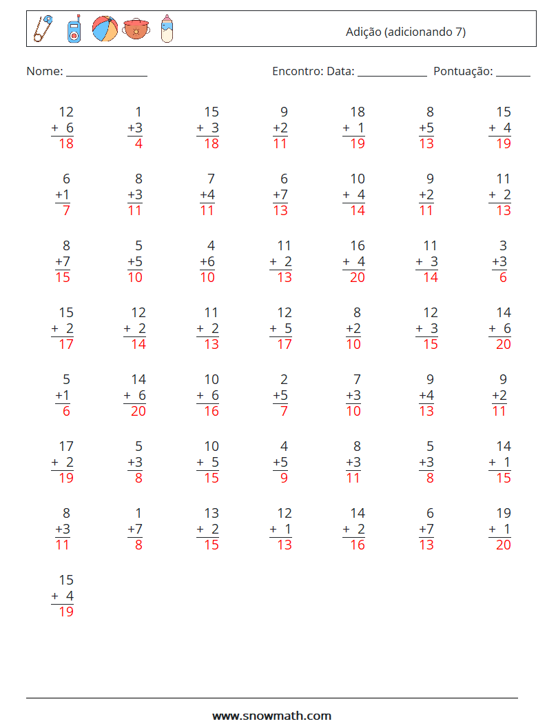 (50) Adição (adicionando 7) planilhas matemáticas 5 Pergunta, Resposta