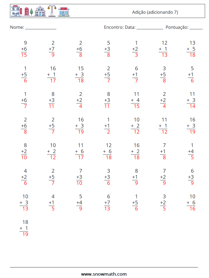 (50) Adição (adicionando 7) planilhas matemáticas 6 Pergunta, Resposta