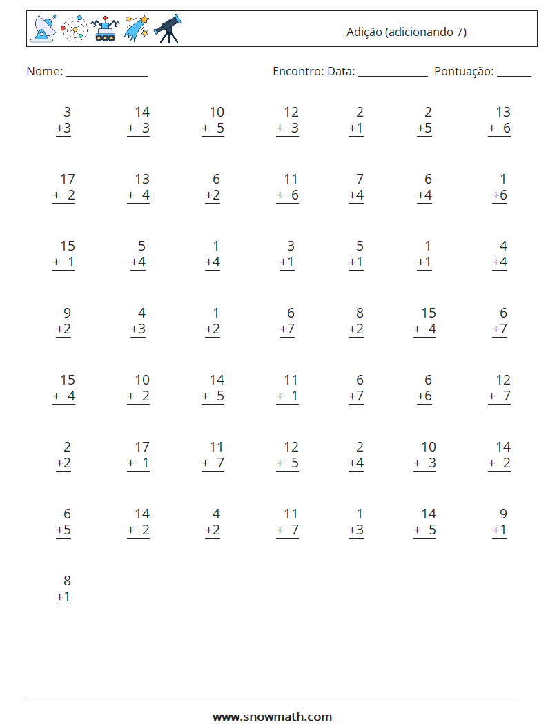 (50) Adição (adicionando 7) planilhas matemáticas 7