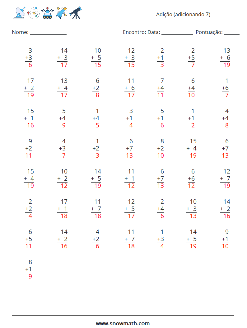 (50) Adição (adicionando 7) planilhas matemáticas 7 Pergunta, Resposta