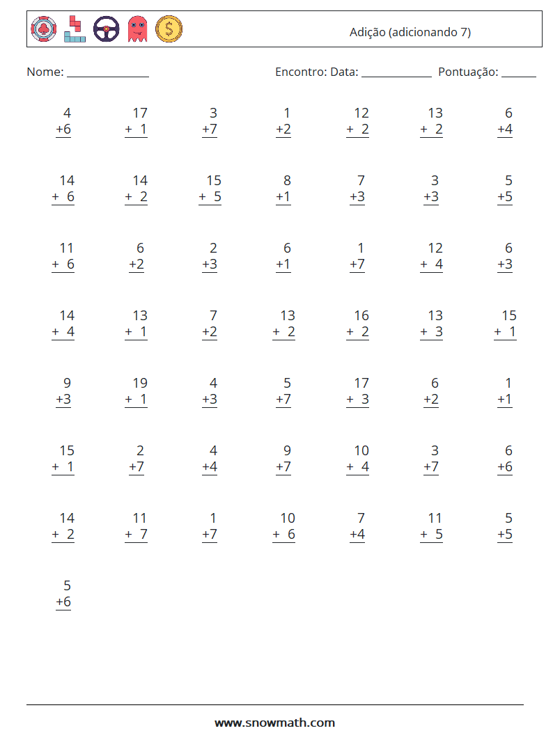 (50) Adição (adicionando 7) planilhas matemáticas 8