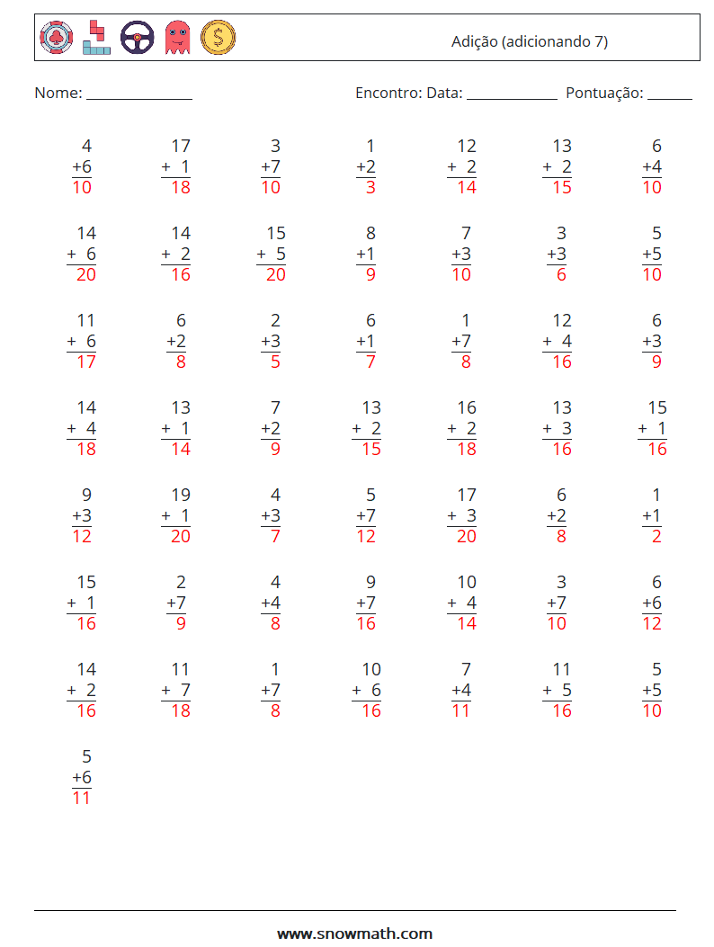 (50) Adição (adicionando 7) planilhas matemáticas 8 Pergunta, Resposta