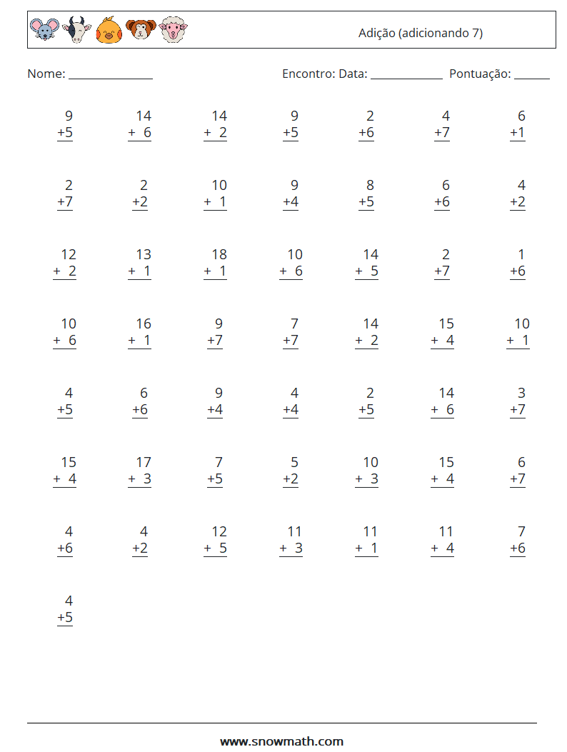 (50) Adição (adicionando 7) planilhas matemáticas 9