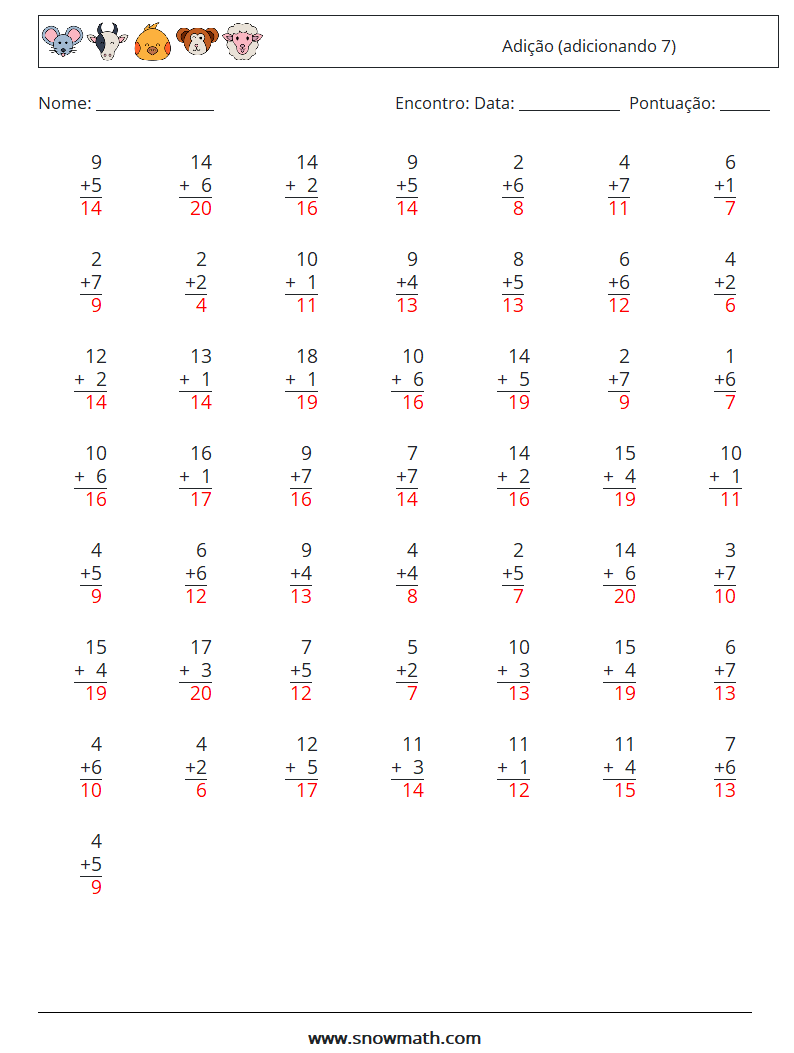 (50) Adição (adicionando 7) planilhas matemáticas 9 Pergunta, Resposta