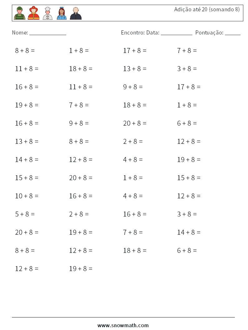 (50) Adição até 20 (somando 8) planilhas matemáticas 1