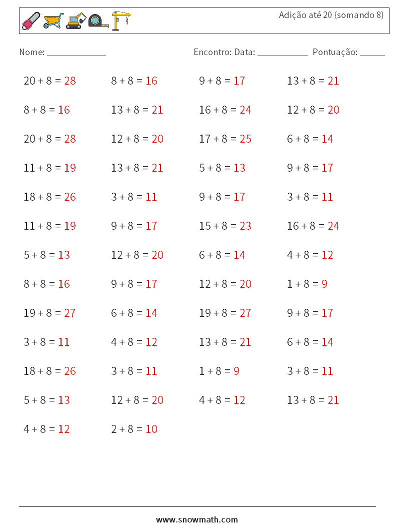 (50) Adição até 20 (somando 8) planilhas matemáticas 2 Pergunta, Resposta