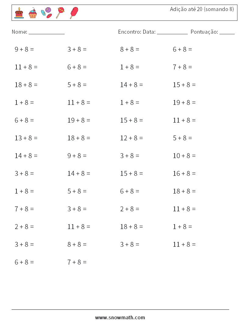 (50) Adição até 20 (somando 8) planilhas matemáticas 3