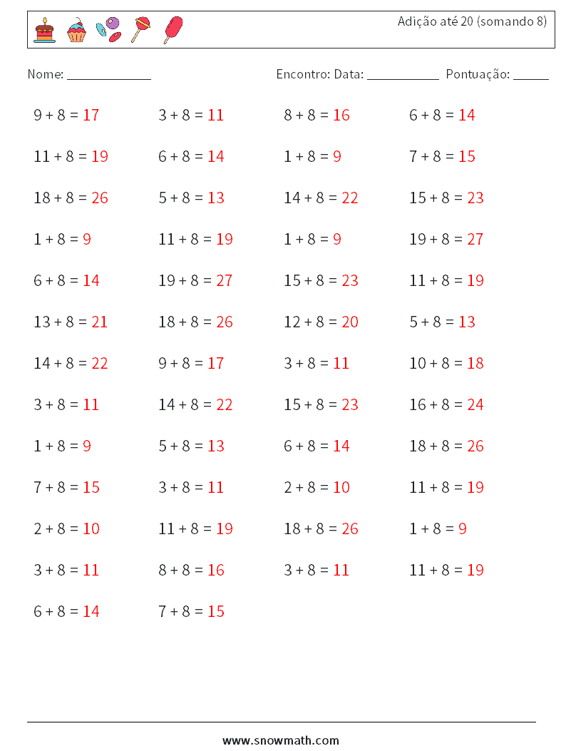 (50) Adição até 20 (somando 8) planilhas matemáticas 3 Pergunta, Resposta
