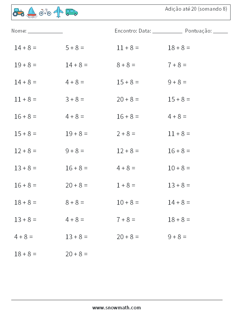 (50) Adição até 20 (somando 8) planilhas matemáticas 4