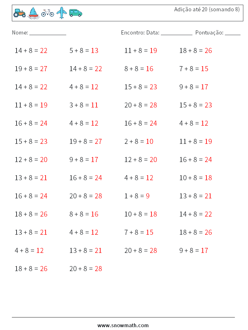 (50) Adição até 20 (somando 8) planilhas matemáticas 4 Pergunta, Resposta