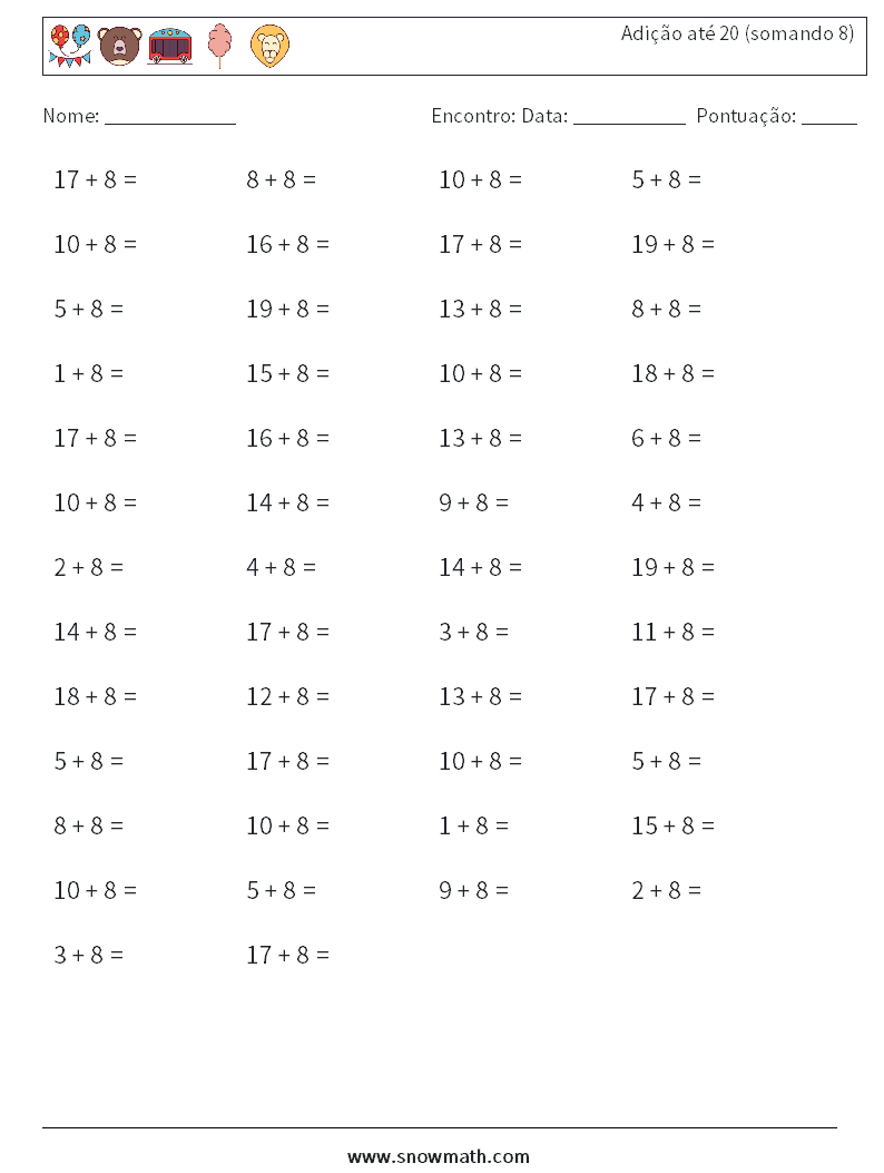 (50) Adição até 20 (somando 8) planilhas matemáticas 5