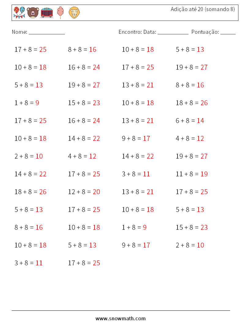 (50) Adição até 20 (somando 8) planilhas matemáticas 5 Pergunta, Resposta
