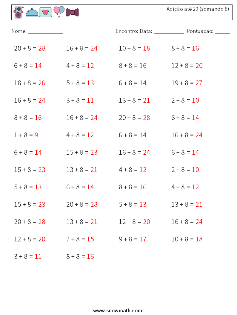 (50) Adição até 20 (somando 8) planilhas matemáticas 7 Pergunta, Resposta