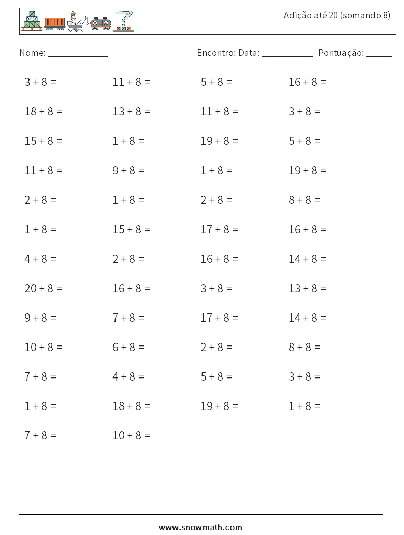 (50) Adição até 20 (somando 8) planilhas matemáticas 8