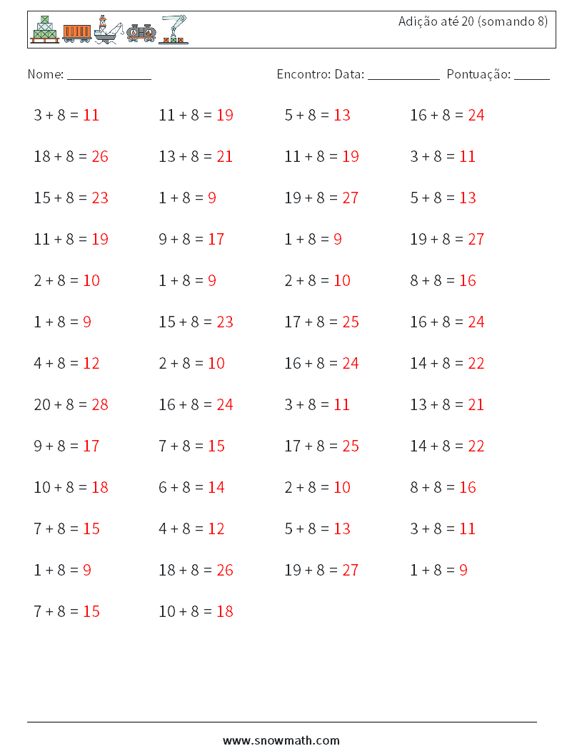 (50) Adição até 20 (somando 8) planilhas matemáticas 8 Pergunta, Resposta