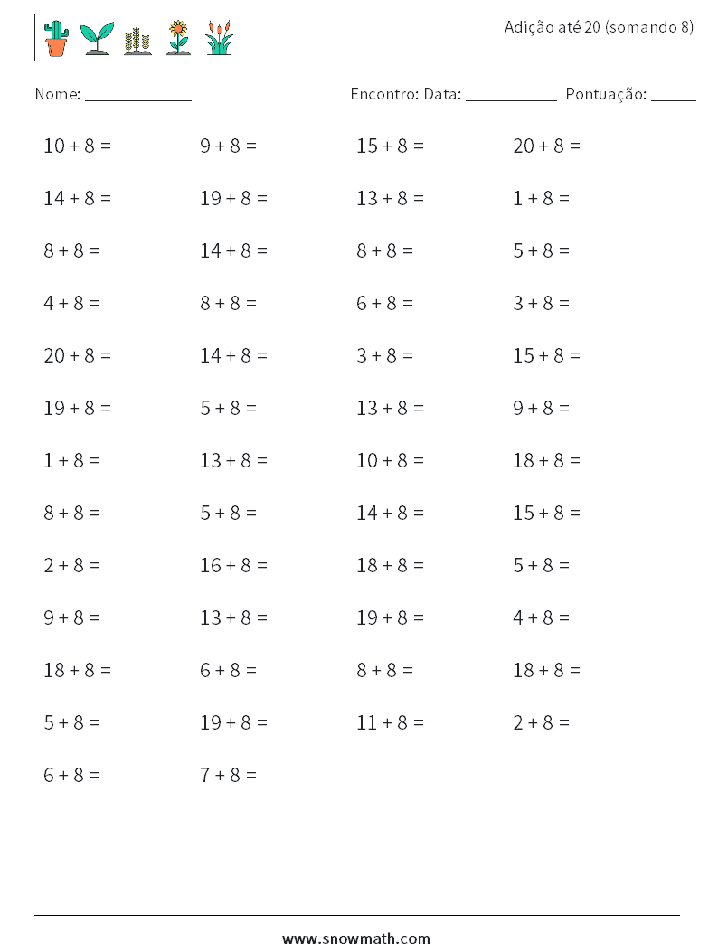 (50) Adição até 20 (somando 8) planilhas matemáticas 9