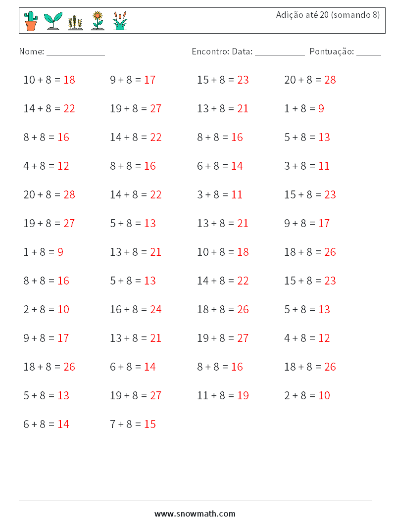 (50) Adição até 20 (somando 8) planilhas matemáticas 9 Pergunta, Resposta