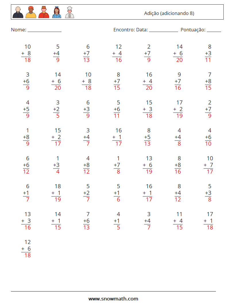 (50) Adição (adicionando 8) planilhas matemáticas 10 Pergunta, Resposta