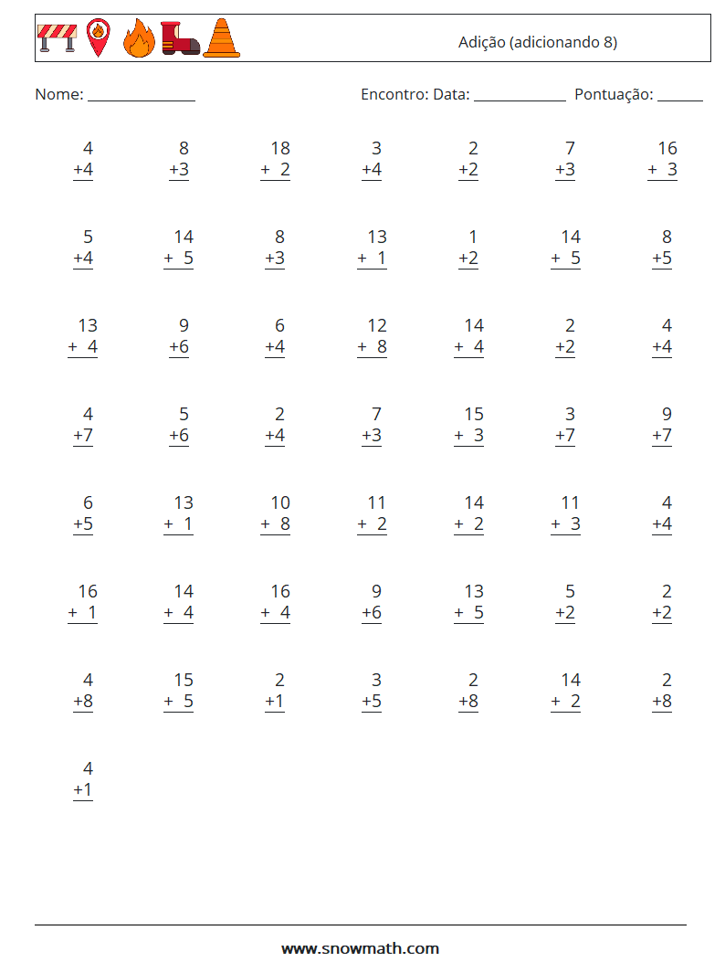 (50) Adição (adicionando 8) planilhas matemáticas 11