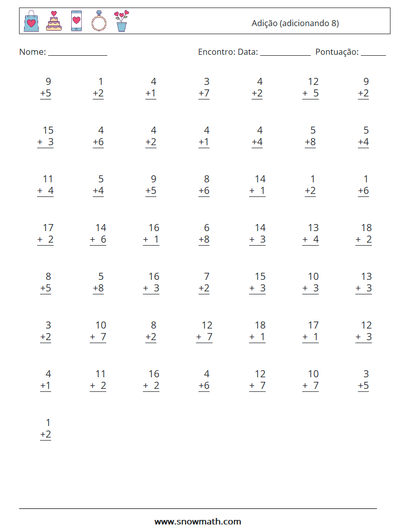 (50) Adição (adicionando 8) planilhas matemáticas 12