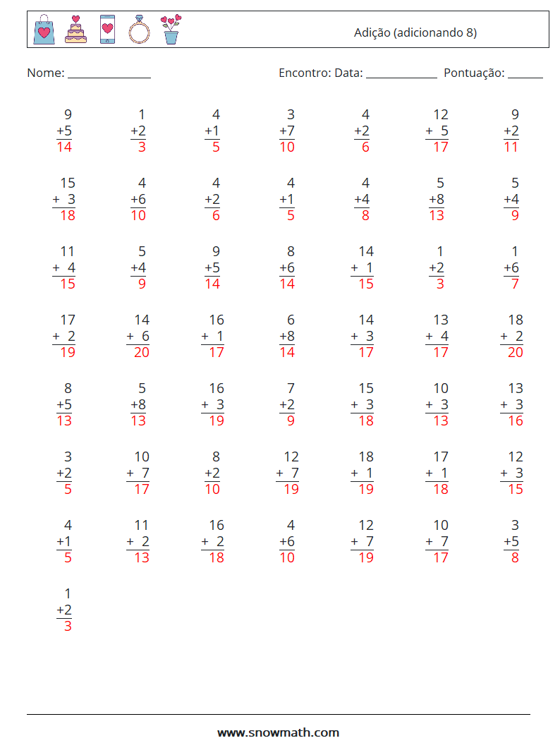 (50) Adição (adicionando 8) planilhas matemáticas 12 Pergunta, Resposta