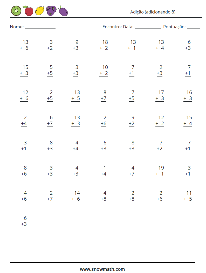 (50) Adição (adicionando 8) planilhas matemáticas 14