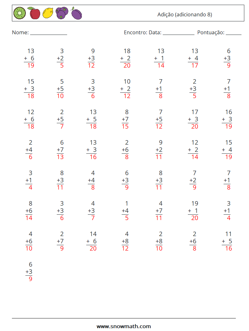 (50) Adição (adicionando 8) planilhas matemáticas 14 Pergunta, Resposta