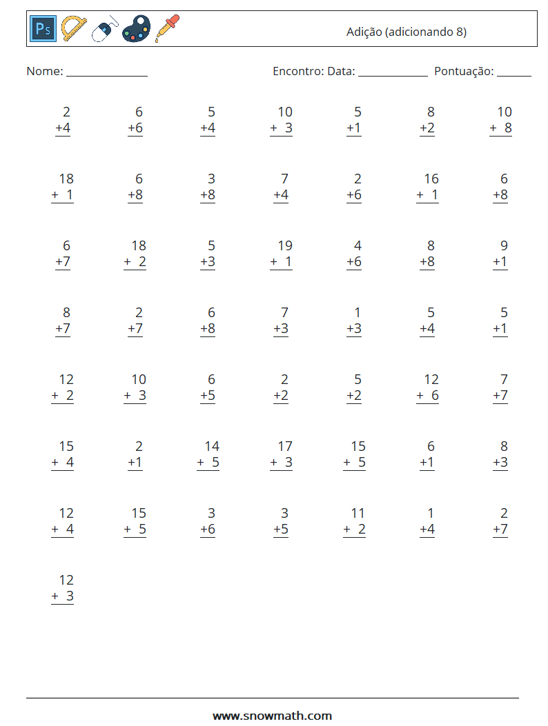 (50) Adição (adicionando 8) planilhas matemáticas 16