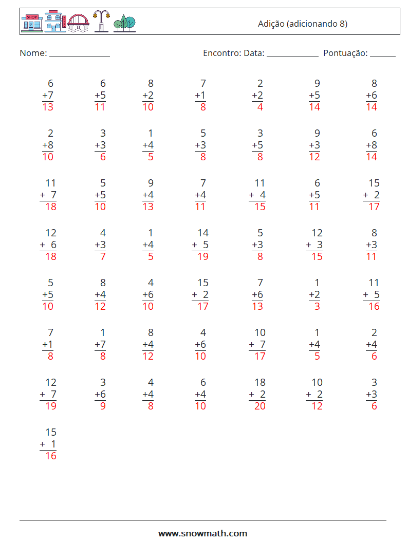 (50) Adição (adicionando 8) planilhas matemáticas 17 Pergunta, Resposta