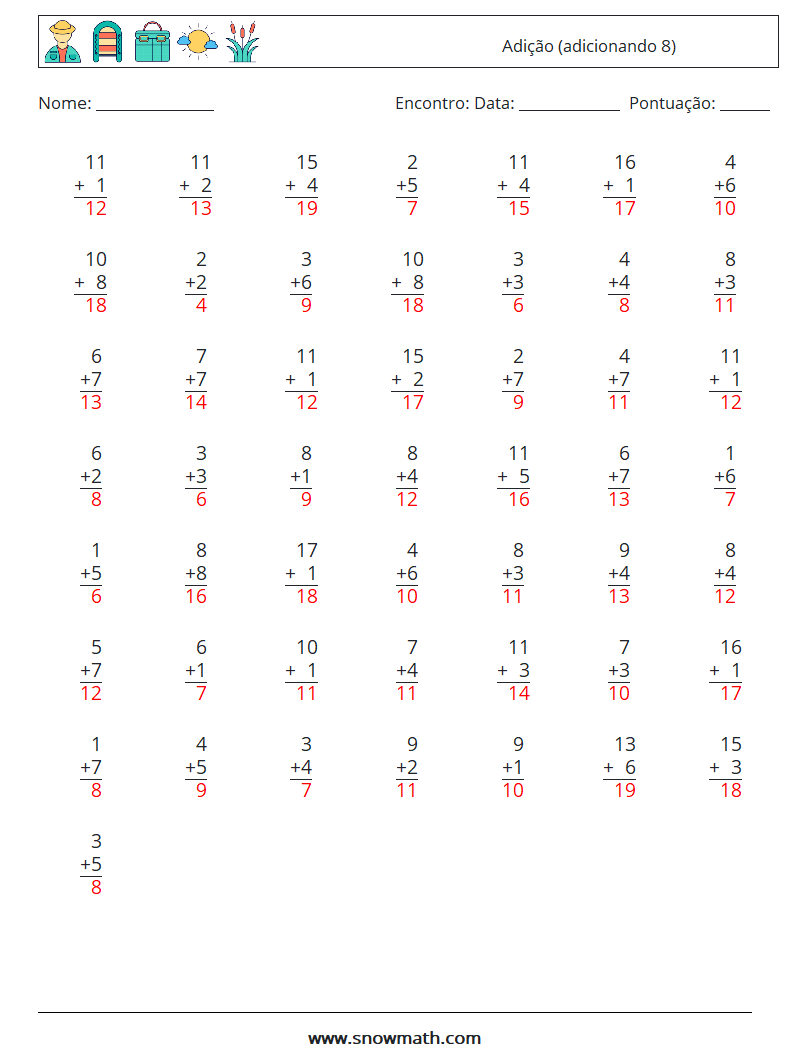 (50) Adição (adicionando 8) planilhas matemáticas 18 Pergunta, Resposta