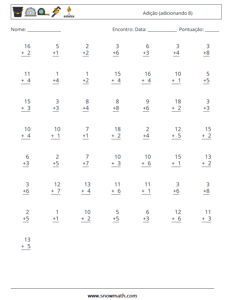 (50) Adição (adicionando 8) planilhas matemáticas 2